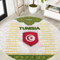 Tunisia Flag Traditional Tribal Pattern Green and White Pullover Round Carpet with National Crest and Emblem
