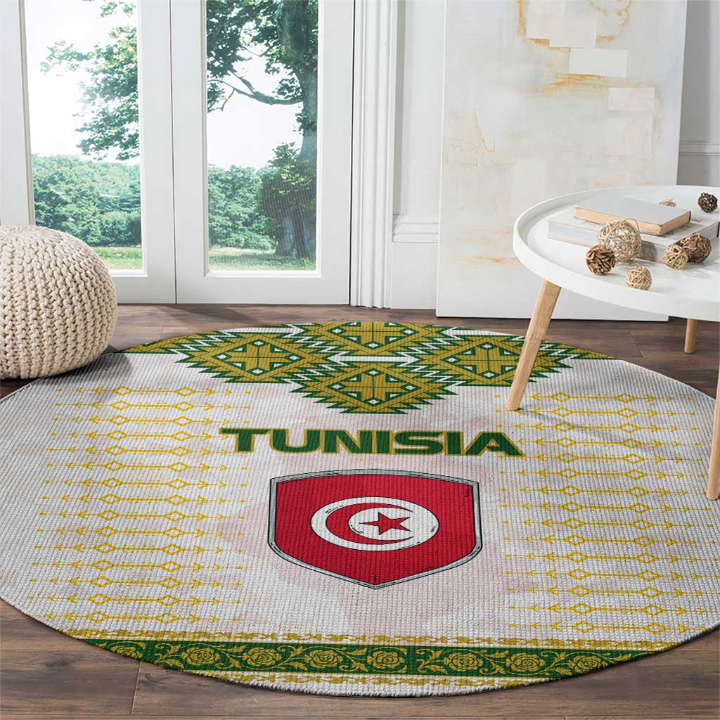 Tunisia Flag Traditional Tribal Pattern Green and White Pullover Round Carpet with National Crest and Emblem