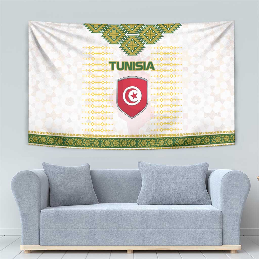Tunisia Flag Traditional Tribal Pattern Green and White Pullover Tapestry with National Crest and Emblem