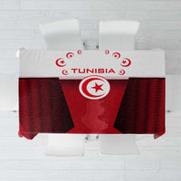 Red tablecloth with Tunisia crest, crescent star and country map, black patterned sections