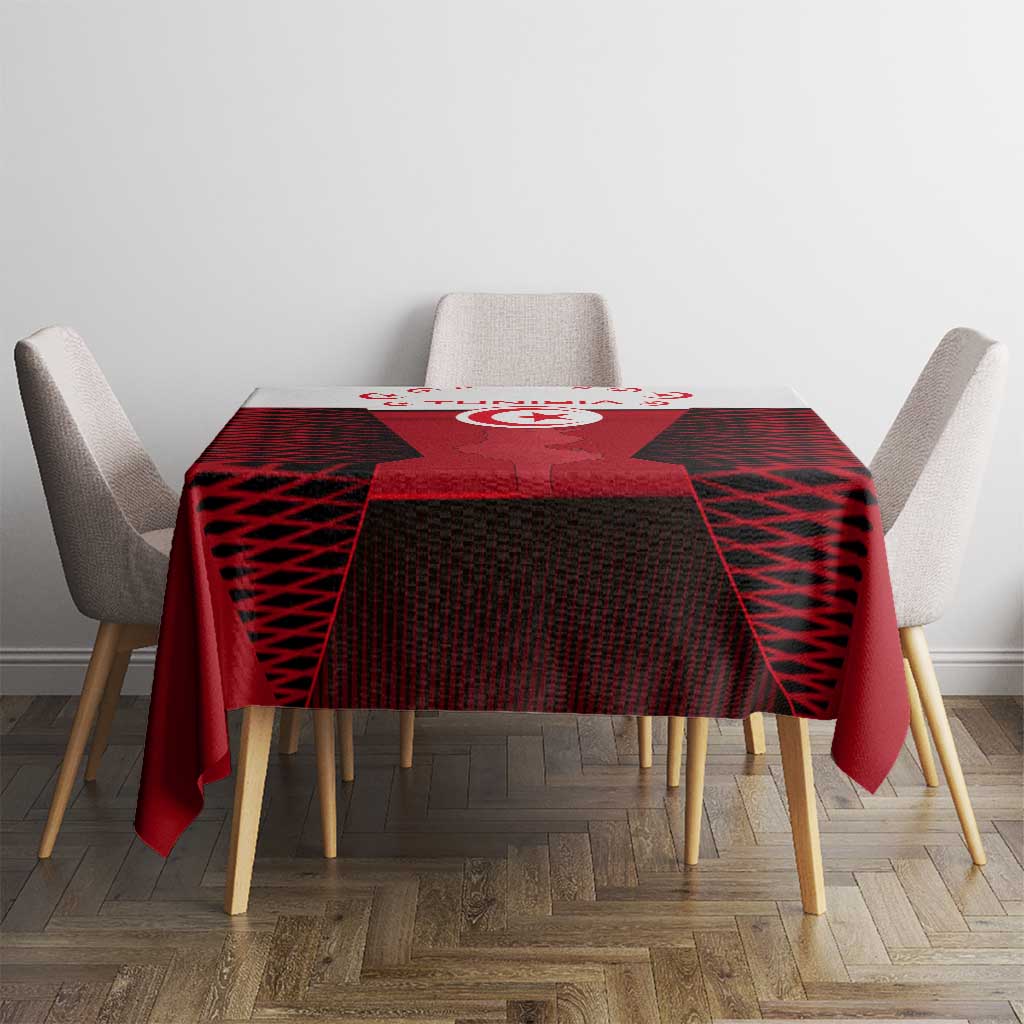 Red Tunisia tablecloth with crest and crescent star, rectangular table center view