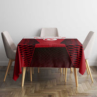 Red Tunisia tablecloth with crest and crescent star, rectangular table center view