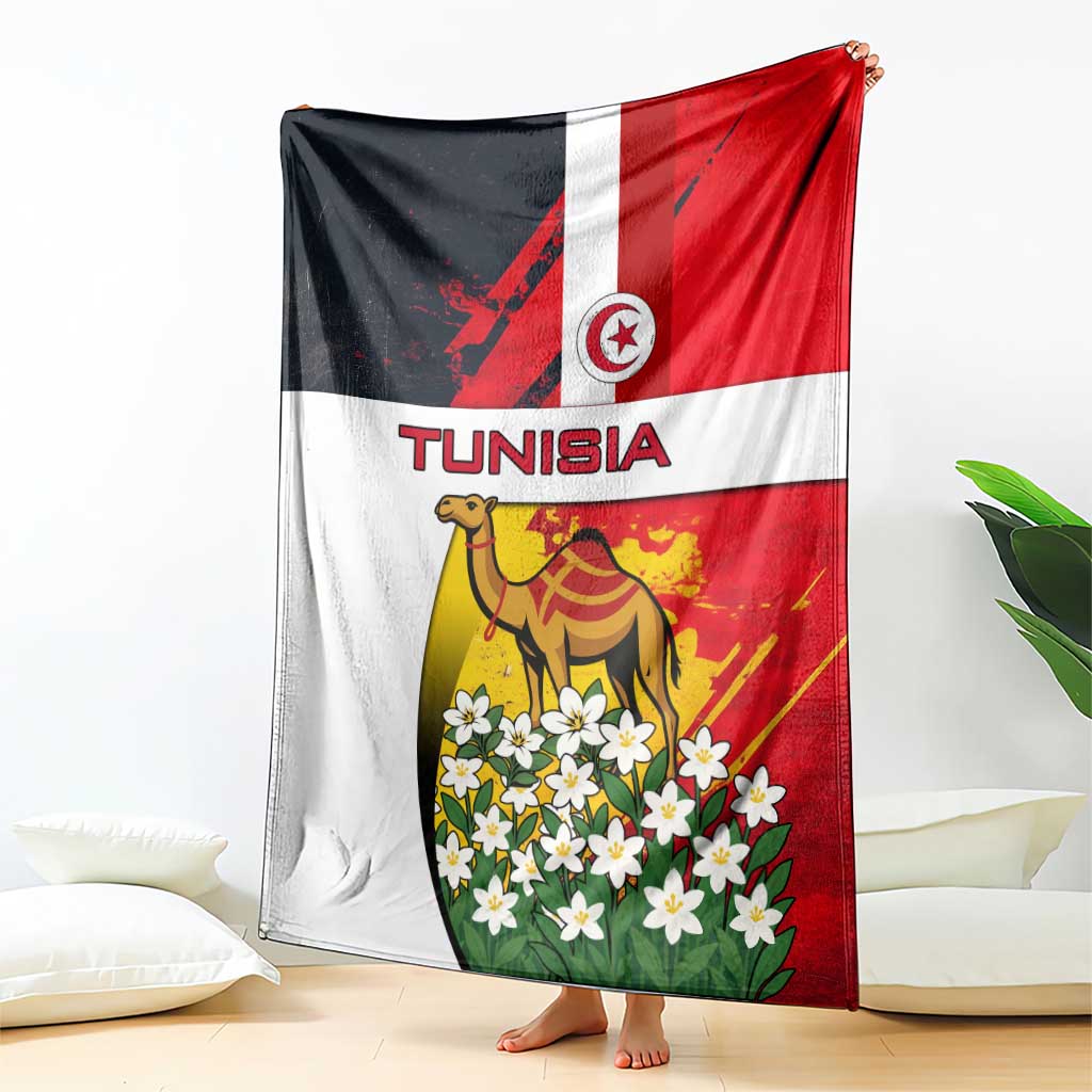 Tunisia blanket draped with camel and jasmine flowers beneath Tunisia flag design, red white black