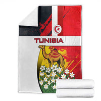 Tunisia blanket with camel and jasmine flowers, Tunisia flag design shown with rolled towels