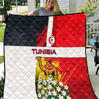 Tunisia-themed quilt with quilted diamond pattern, flag design, camel and white flowers