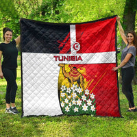 Tunisia flag quilt with camel artwork and jasmine-style white flowers, shown outdoors