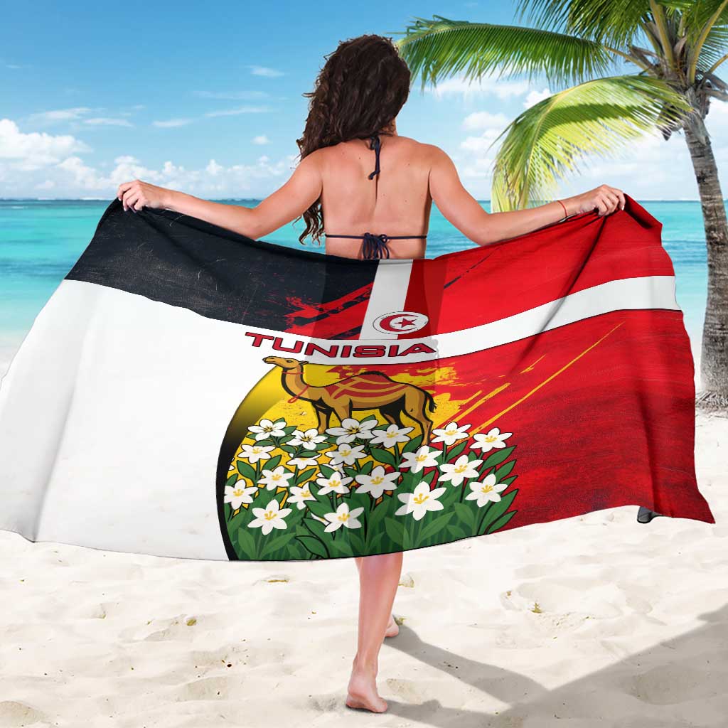 Tunisia flag sarong with camel and jasmine flowers, red white black fabric draped