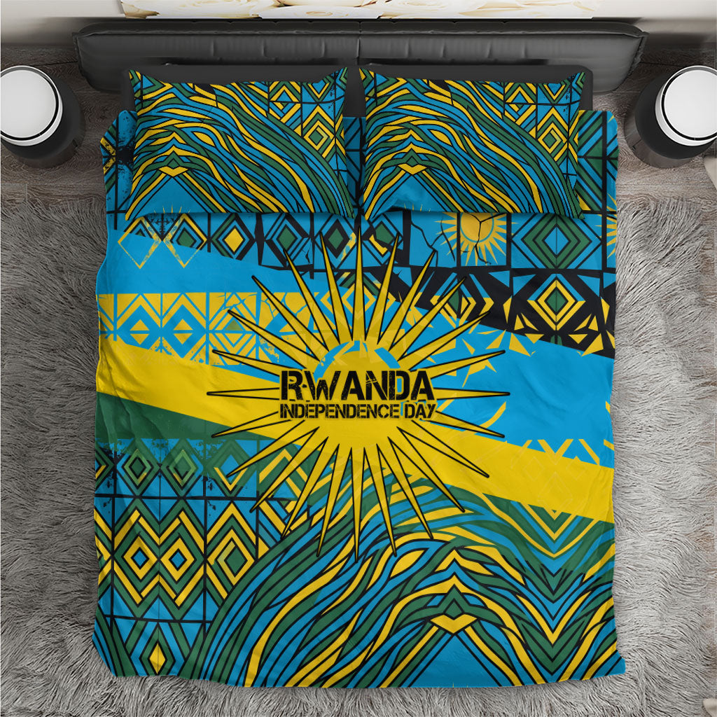 Rwanda Independence Day Bedding Set Tribal Geometric Pattern - National Coat Of Arms And Sunburst