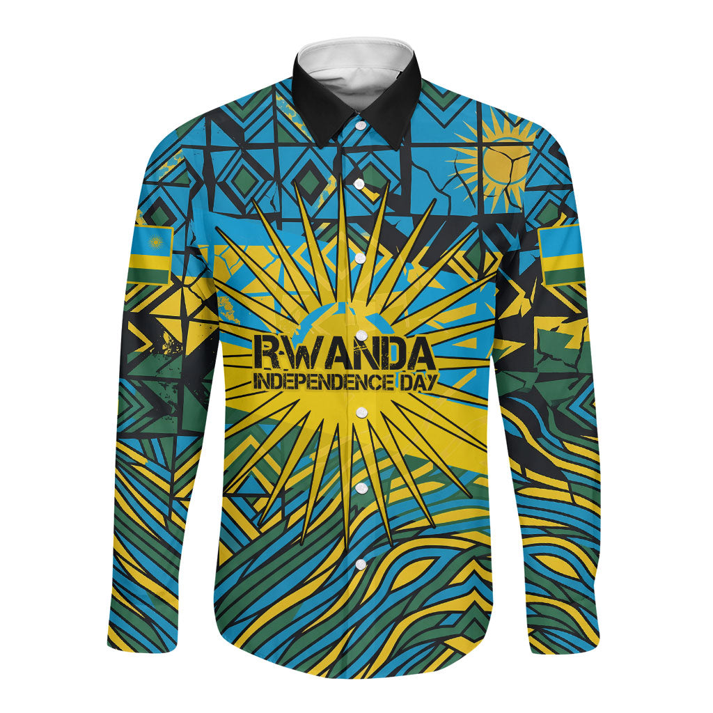 Rwanda Independence Day Long Sleeve Button Shirt Tribal Geometric Pattern - National Coat Of Arms And Sunburst
