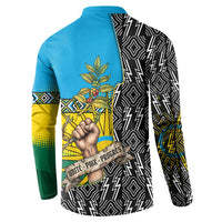 Rwanda Independence Day Unite Paix Progres Button Sweatshirt African Geometric Pattern - Power Fist And Coffee Branch Art