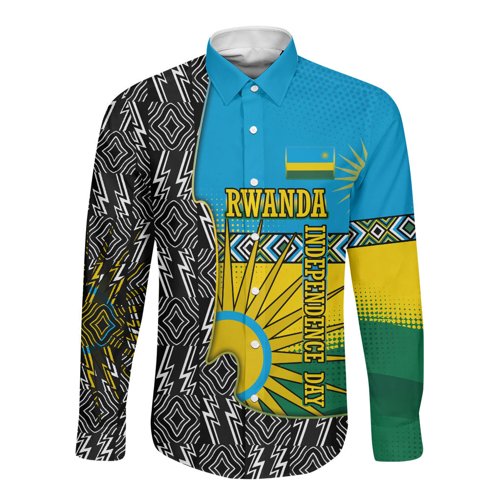 Rwanda Independence Day Unite Paix Progres Long Sleeve Button Shirt African Geometric Pattern - Power Fist And Coffee Branch Art