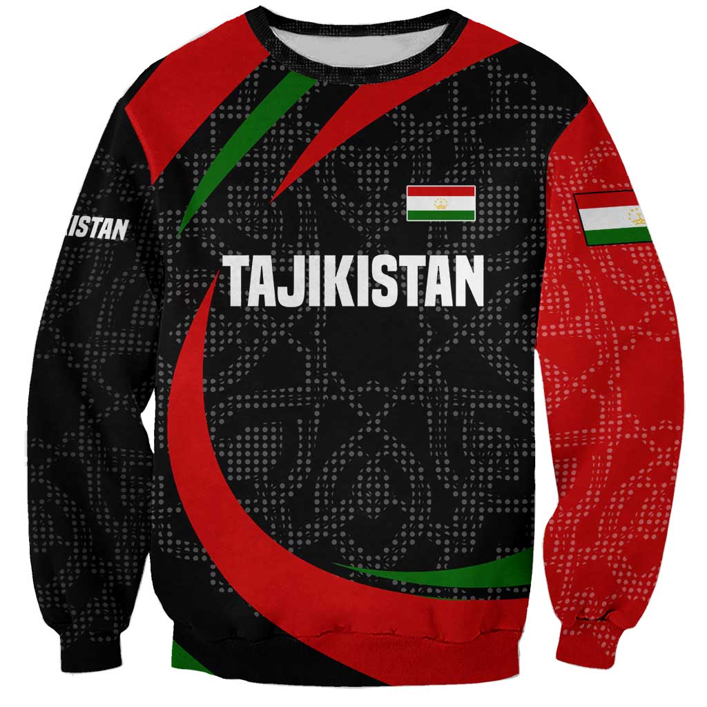 Tajikistan National Emblem Sweatshirt with Black Red Green Tribal Pattern