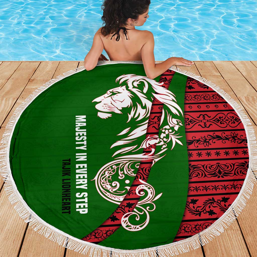 Tajikistan Green Lion Beach Blanket with Red Folk Pattern with Majestic Script