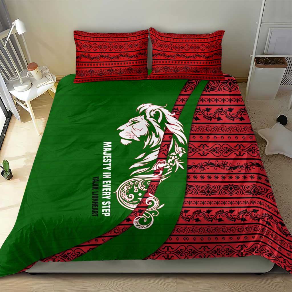 Tajikistan Green Lion Bedding Set with Red Folk Pattern with Majestic Script