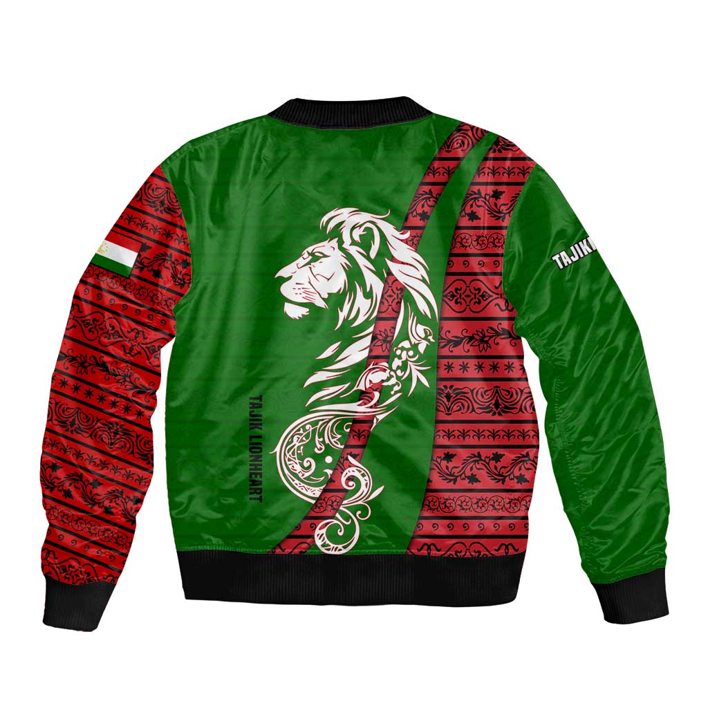 Tajikistan Green Lion Bomber Jacket with Red Folk Pattern with Majestic Script