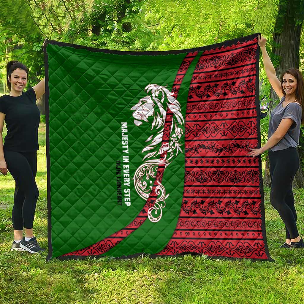 Tajikistan Green Lion Quilt with Red Folk Pattern with Majestic Script
