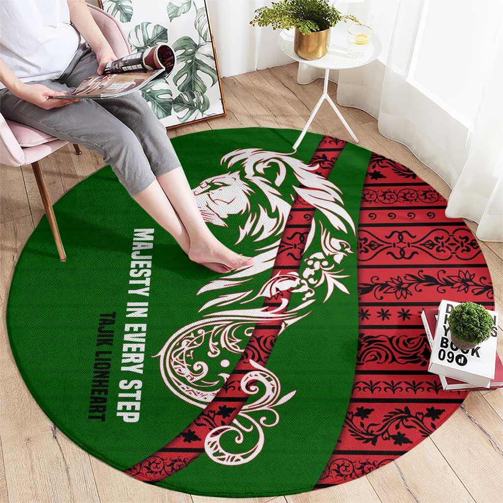 Tajikistan Green Lion Round Carpet with Red Folk Pattern with Majestic Script