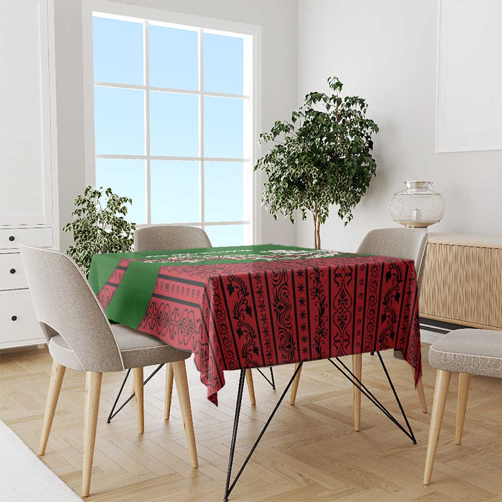 Tajikistan Green Lion Tablecloth with Red Folk Pattern with Majestic Script