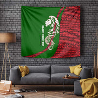 Tajikistan Green Lion Tapestry with Red Folk Pattern with Majestic Script