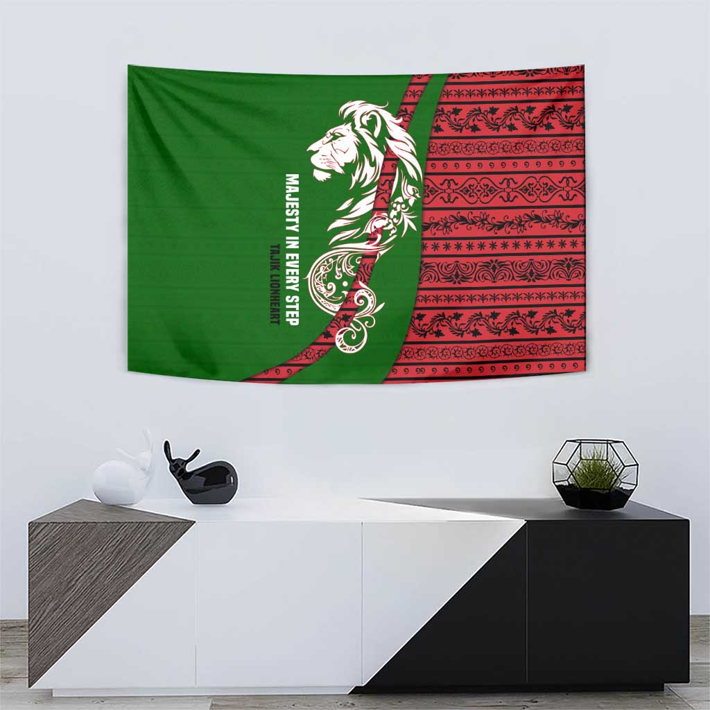 Tajikistan Green Lion Tapestry with Red Folk Pattern with Majestic Script