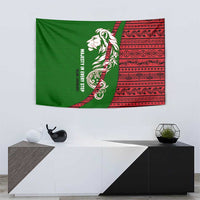 Tajikistan Green Lion Tapestry with Red Folk Pattern with Majestic Script