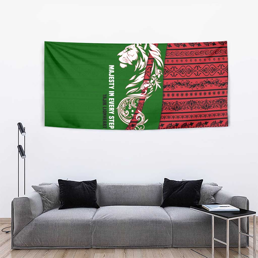 Tajikistan Green Lion Tapestry with Red Folk Pattern with Majestic Script
