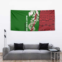 Tajikistan Green Lion Tapestry with Red Folk Pattern with Majestic Script
