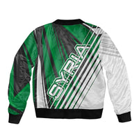 Modern Syria Flag Sleeve Zip Bomber Jacket with Green and Black Diagonal Stripe Design