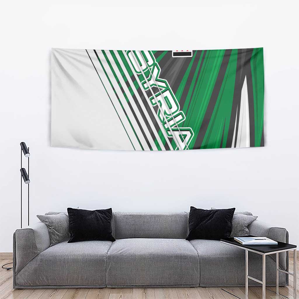 Modern Syria Flag Tapestry with Green and Black Diagonal Stripe Design
