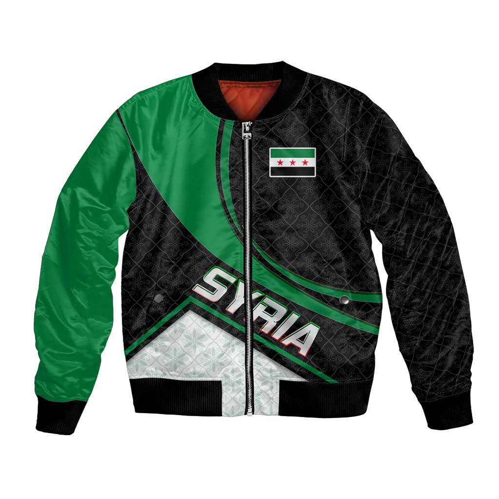 Syria Revolution Emblem Bomber Jacket with Traditional Pattern and Curved Green Black Design