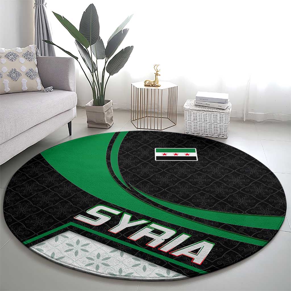 Syria Revolution Emblem Round Carpet with Traditional Pattern and Curved Green Black Design