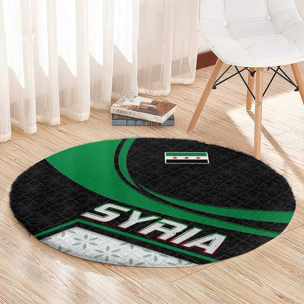 Syria Revolution Emblem Round Carpet with Traditional Pattern and Curved Green Black Design