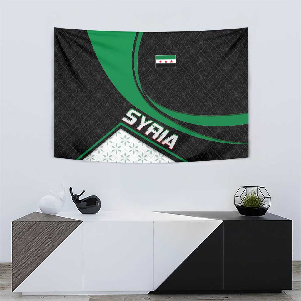 Syria Revolution Emblem Tapestry with Traditional Pattern and Curved Green Black Design