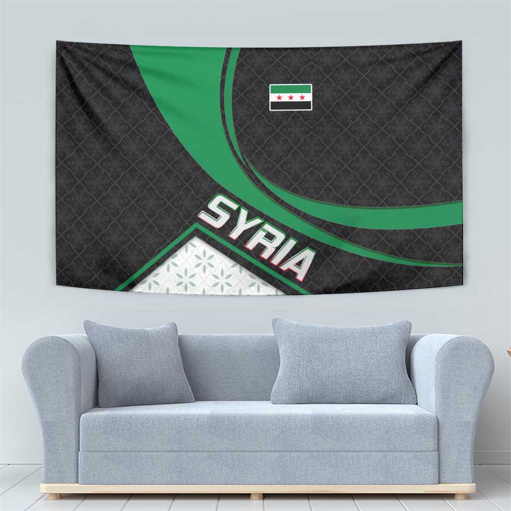 Syria Revolution Emblem Tapestry with Traditional Pattern and Curved Green Black Design