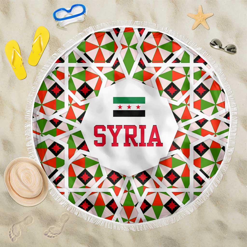 Syria Geometric Pattern Beach Blanket with Traditional Arab Tile Motif and Flag Emblem
