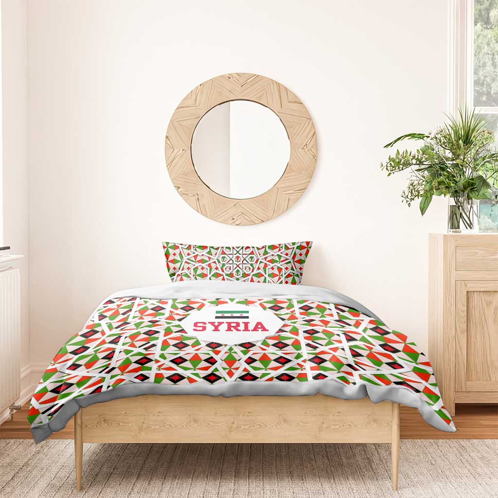 Syria Geometric Pattern Bedding Set with Traditional Arab Tile Motif and Flag Emblem