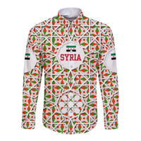 Geometric tile long-sleeve button shirt, multicolor, front emblem and Syria text