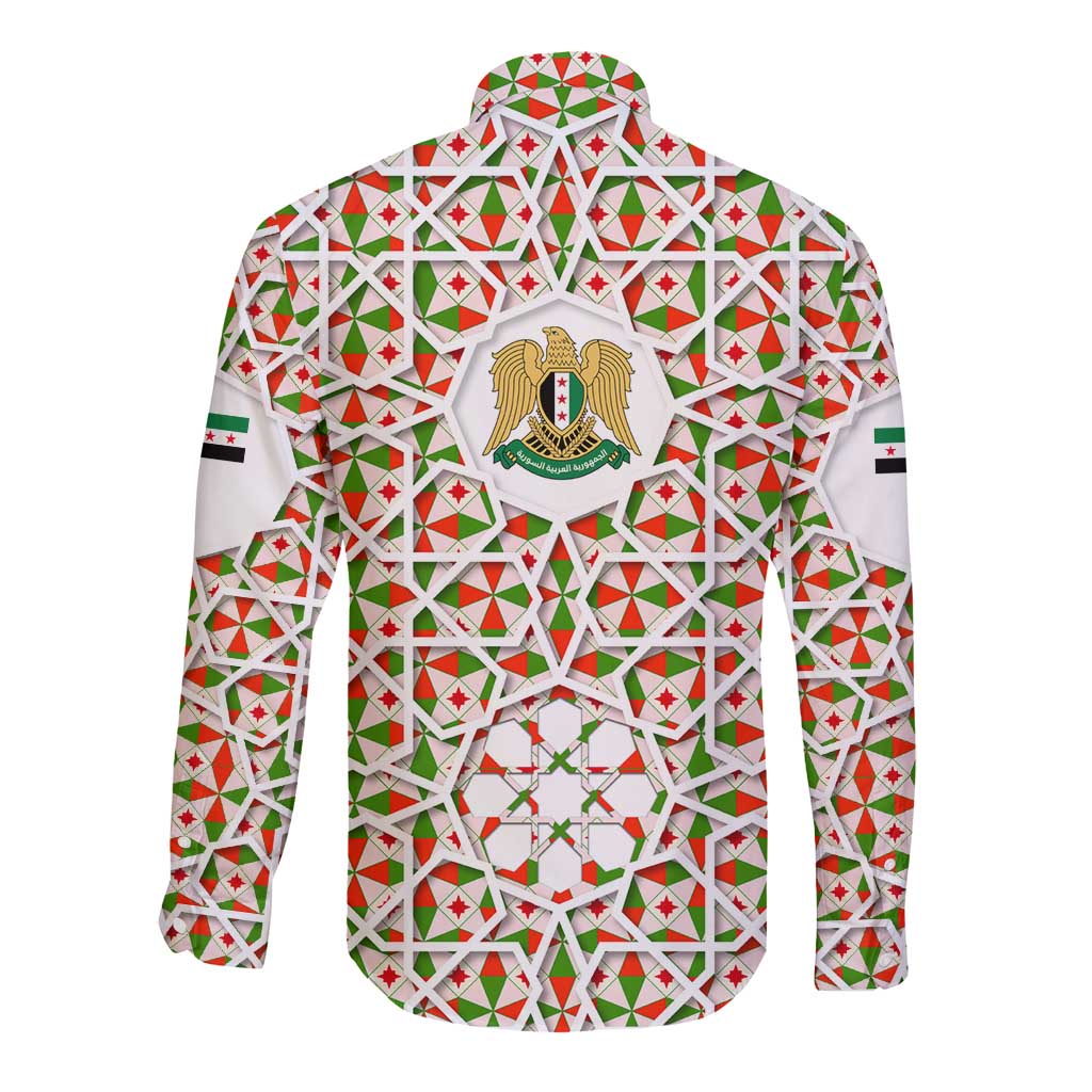 Geometric tile long-sleeve button shirt, multicolor, back crest emblem