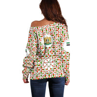 Syria Geometric Pattern Off Shoulder Sweater with Traditional Arab Tile Motif and Flag Emblem