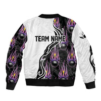 Personalized Bowling Flame Bomber Jacket Black and White Split Pattern and Purple Fireball Graphics - Wonder Print Shop