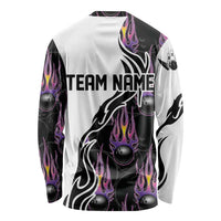 Personalized Bowling Flame Long Sleeve Shirt Black and White Split Pattern and Purple Fireball Graphics - Wonder Print Shop