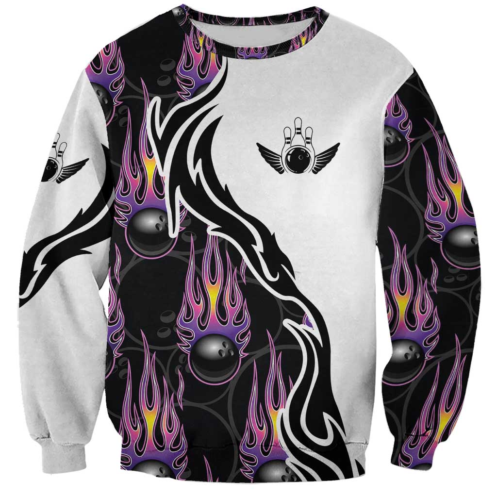 Personalized Bowling Flame Sweatshirt Black and White Split Pattern and Purple Fireball Graphics - Wonder Print Shop