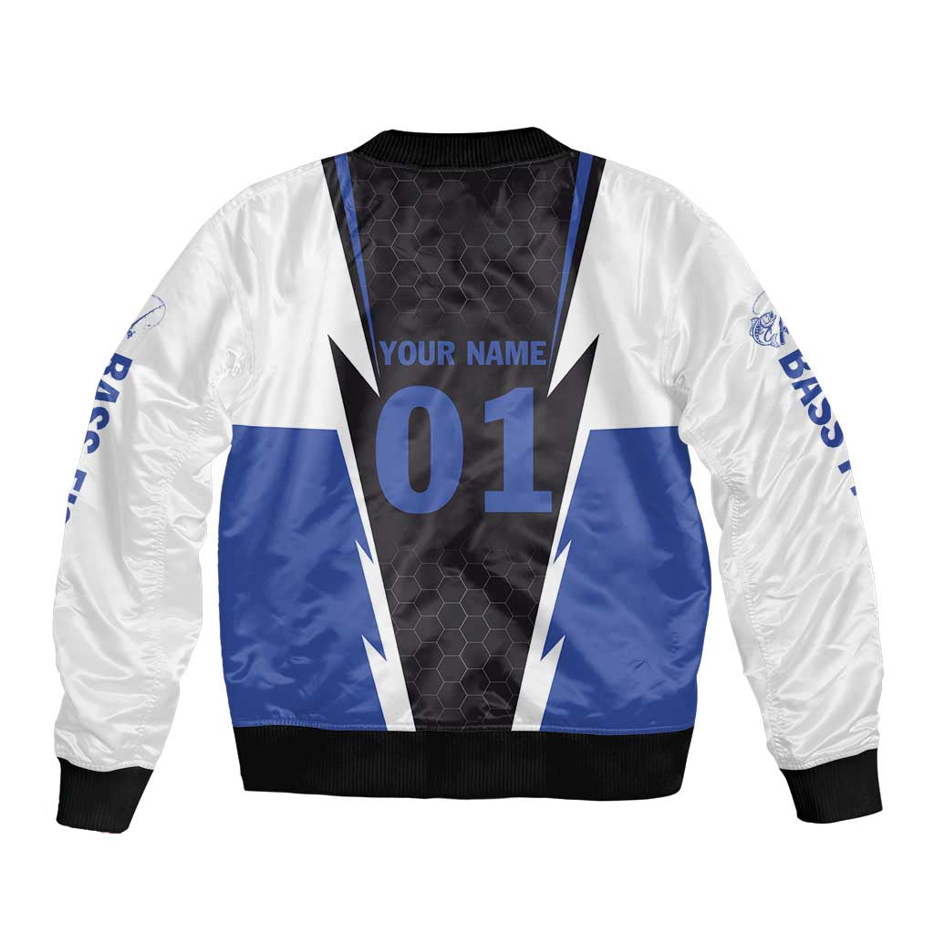 Personalized Bass Fishing Bomber Jacket Jumping Fish and Blue White Lightning Pattern Design - Wonder Print Shop