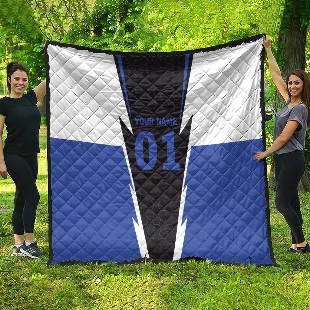 Large personalized quilt spread with blue, white, and black lightning bolt, name, 01