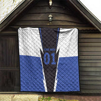 Personalized quilt hanging on wall with blue, white, and black lightning bolt, name, 01