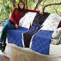 Personalized quilt held out with blue, white, and black lightning bolt, name, 01