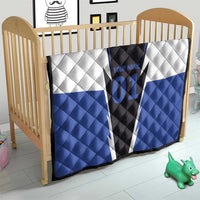 Personalized quilt over baby crib with blue, white, and black lightning bolt, name, 01