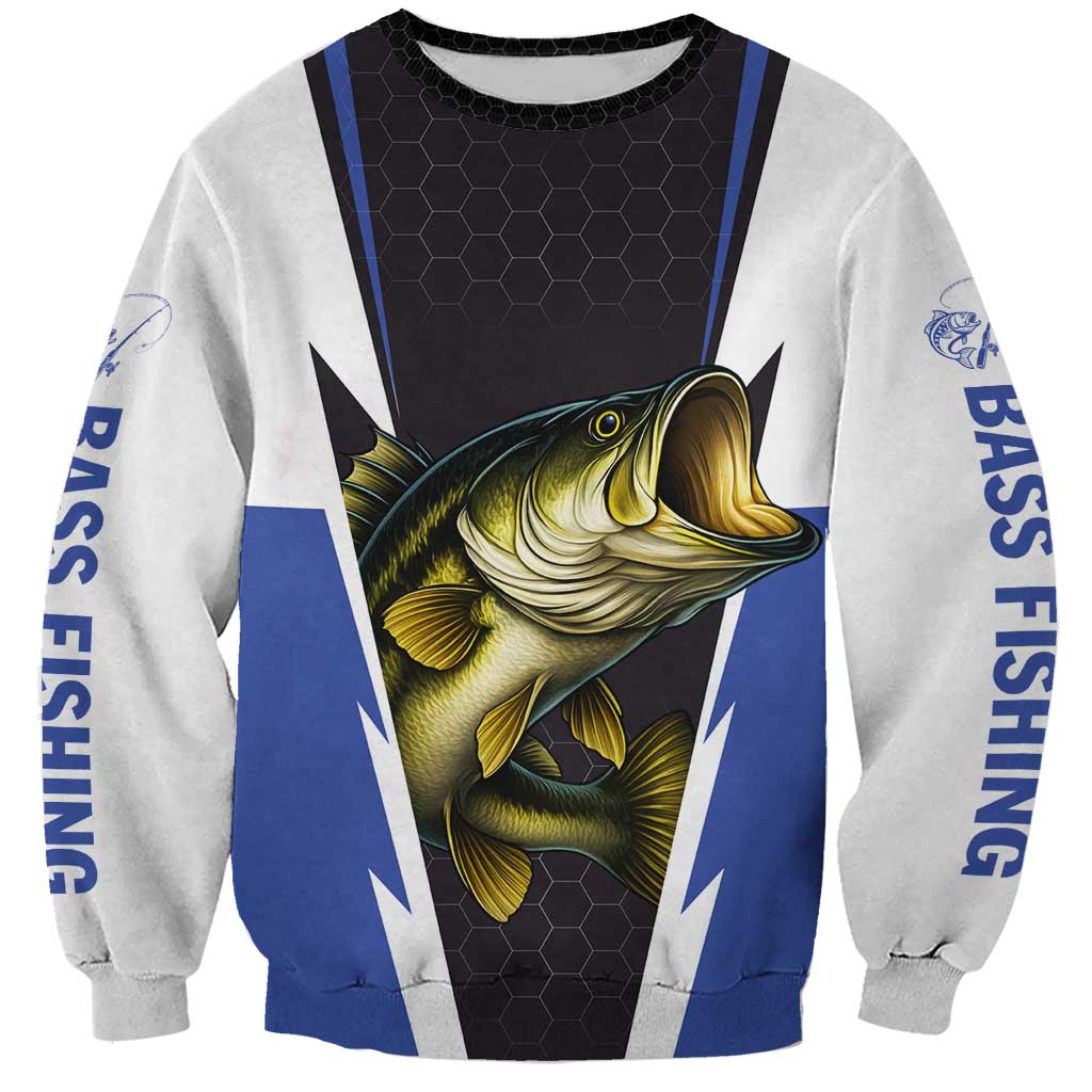 Personalized Bass Fishing Sweatshirt Jumping Fish and Blue White Lightning Pattern Design - Wonder Print Shop