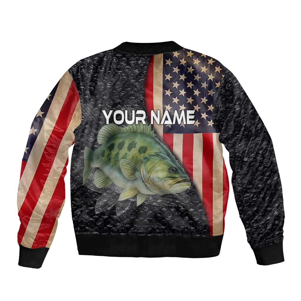Custom Largemouth Bass Fishing Bomber Jacket American Flag and Bubble Texture Background - Wonder Print Shop
