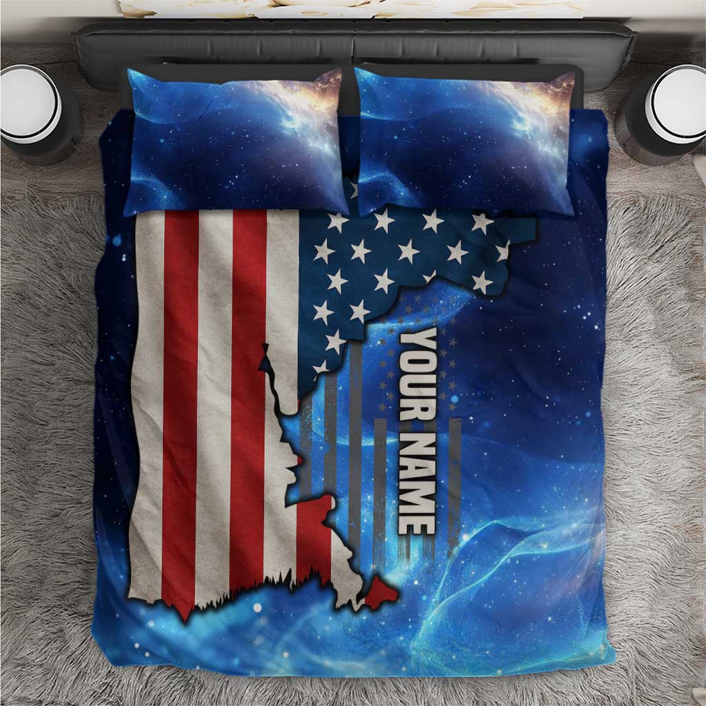 Patriotic bedding set in blue galaxy print with U.S. flag map and vertical 'YOUR NAME' text